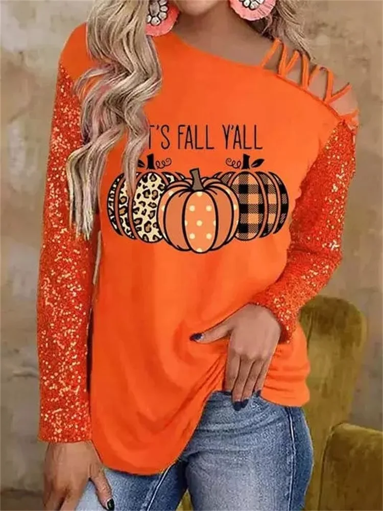 It's Fall Y'all Pumpkin Sequined Print T Shirt