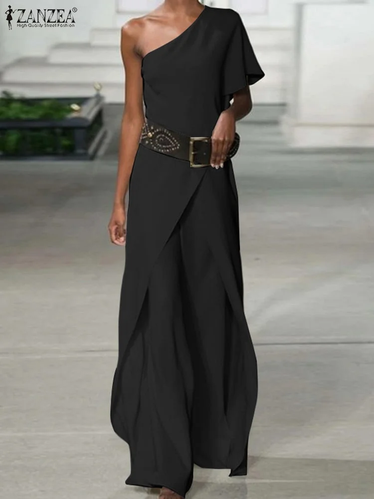 Feminino Fashion Sexy One Shoulder Sleeve Playsuits Asymmetrical Ruffles Solid Women Jumpsuits ZANZEA Overalls