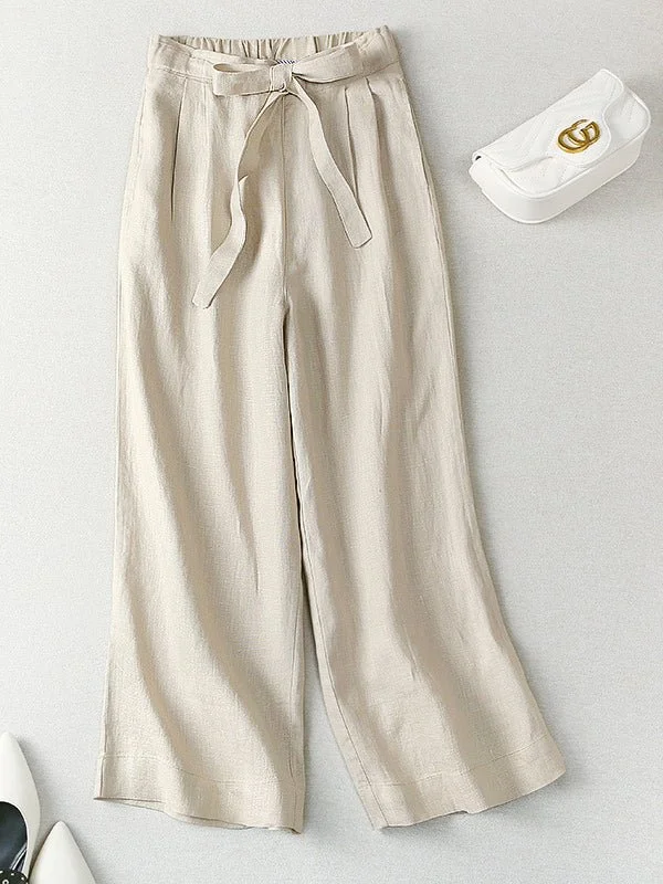 Loose Linen Loose Solid Bowknot Straight Pants