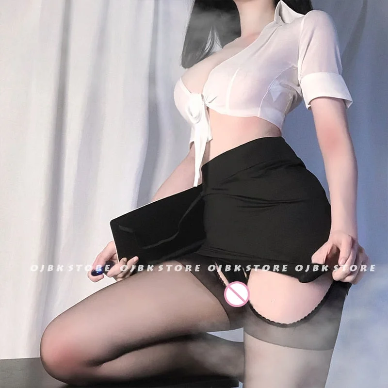 OJBK Women Sexy Cosplay Costume Erotic Office Uniform Suit Hot Perspective Role Play Outfit Black White Top And Skirt Entice Set
