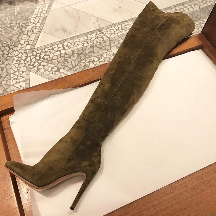 Olive Suede Over the Knee Stiletto Heel Boots Vdcoo