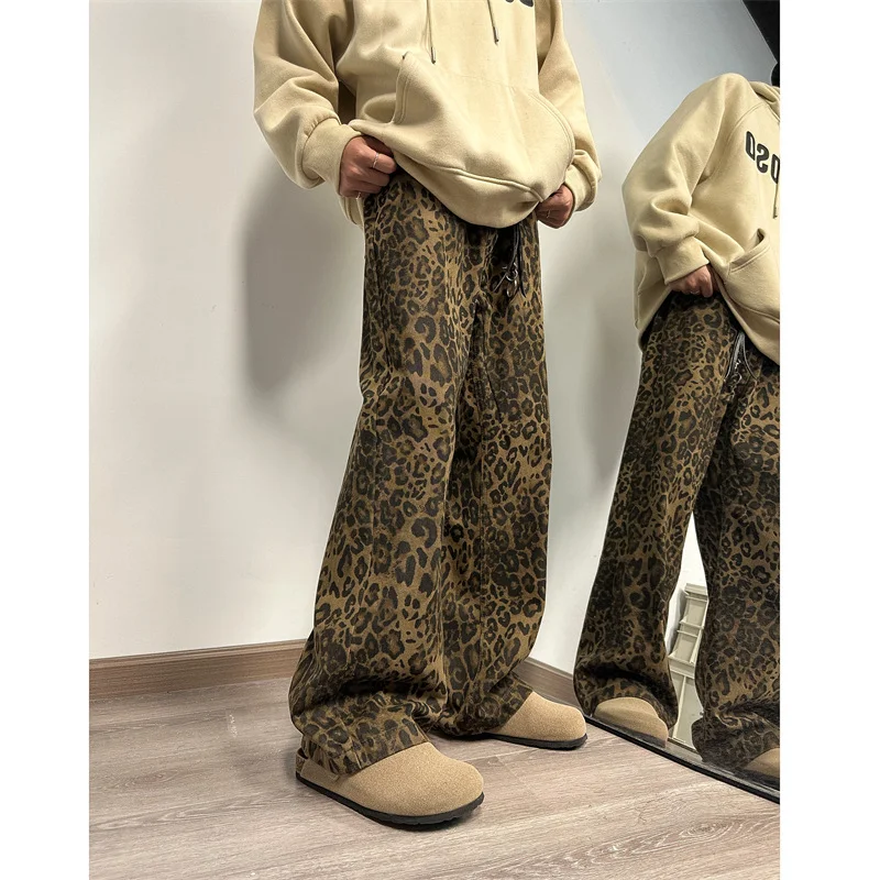 Ueong New Leopard Print Design Sense Hiphop High Street Pants Men's Vibe Tide Brand Straight Tube Micro Pants