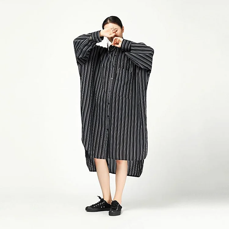3.31Casual Loose Turn-down Collar Striped Long Sleeve Single-breasted Shirt Dress
