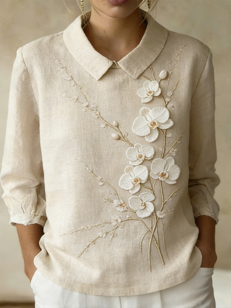 Plant Flower Embroidery Design Linen Shirt elevenforest