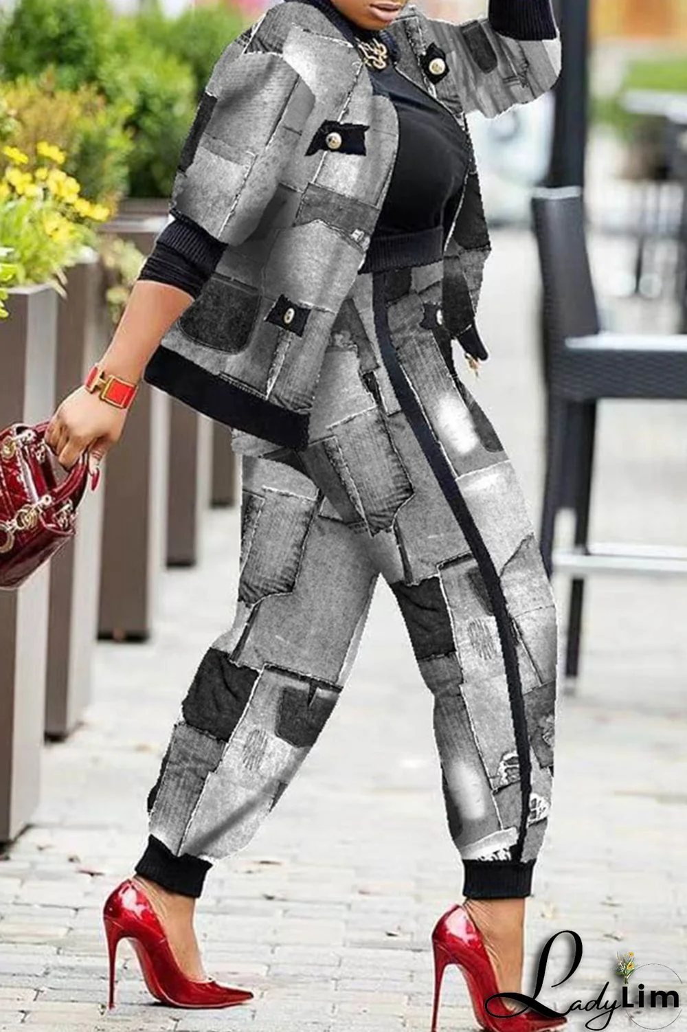 Pink Fashion Casual Print Patchwork Long Sleeve Two Pieces