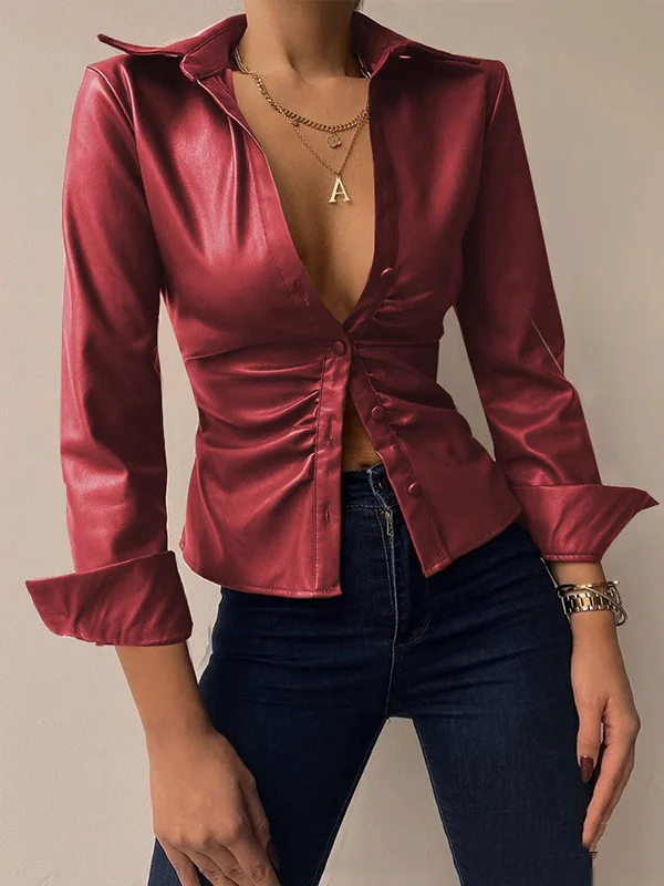 Solid Color Pleated Buttoned Skinny Long Sleeves Lapel Blouses&shirts Tops