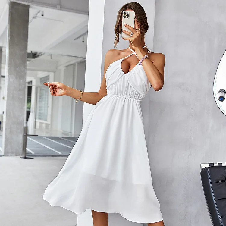 Sexy Backless Sling Pure White Party A-line Strap Halter Dress