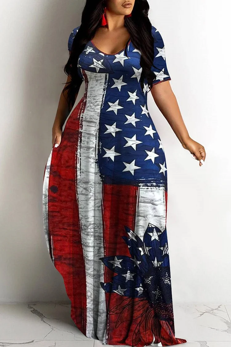 Plus Size Daily Blue Graphic Round Neck Short Sleeve Pocket Casual Maxi Dresses 2024 - Xpluswear