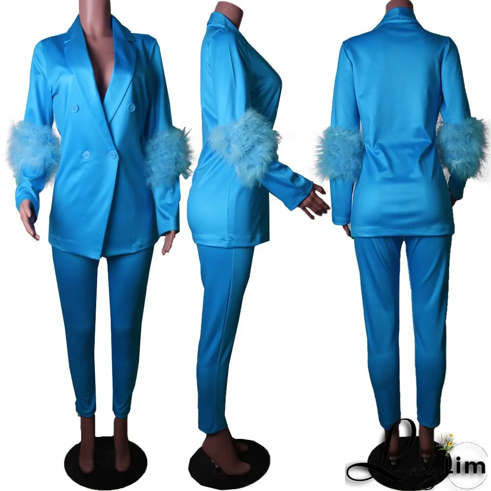 Fall Women Feather Blazer and Pant Two Piece