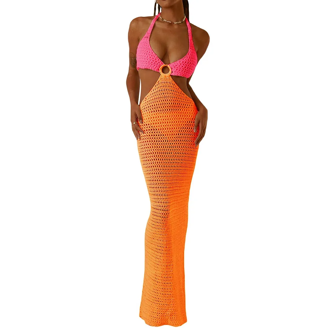 wsevypo Women Summer Long Beach Dress Party Vacation Hollow Out Sleeveless Deep V Halter Neck Knit Crochet Dress Backless Dress