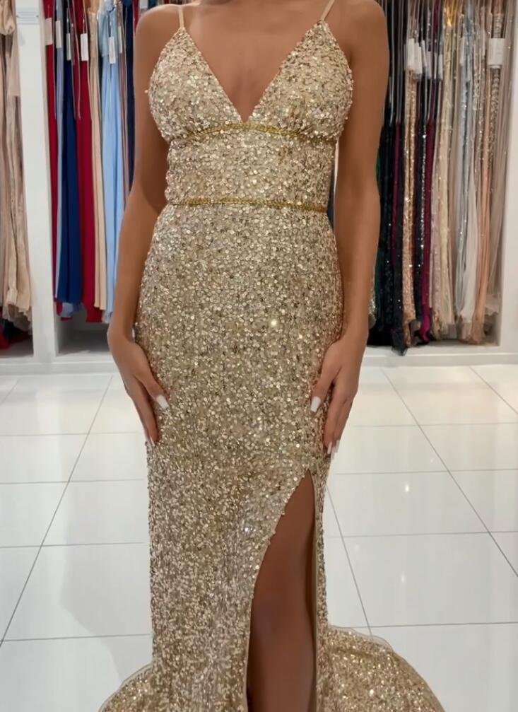 Daisda Gold Mermaid Prom Dress Sequins With Slit