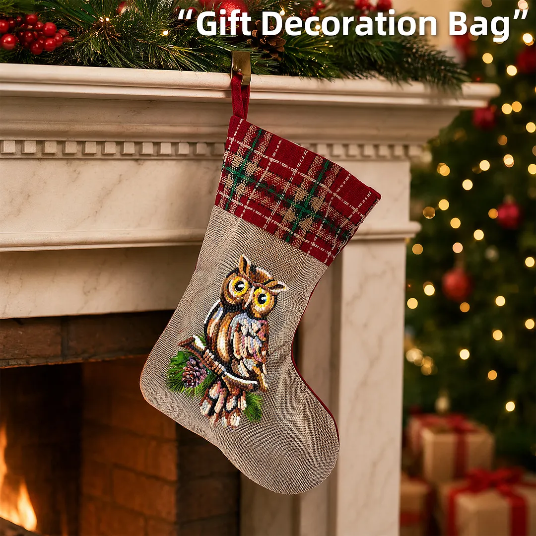 DIY Diamond Painting Christmas Stockings Hanging Ornaments Large Capacity Xmas Socks Pendant Wear Resist Candy Gift Storage Bags for Family Christmas Holiday Party Decoration (Owl)