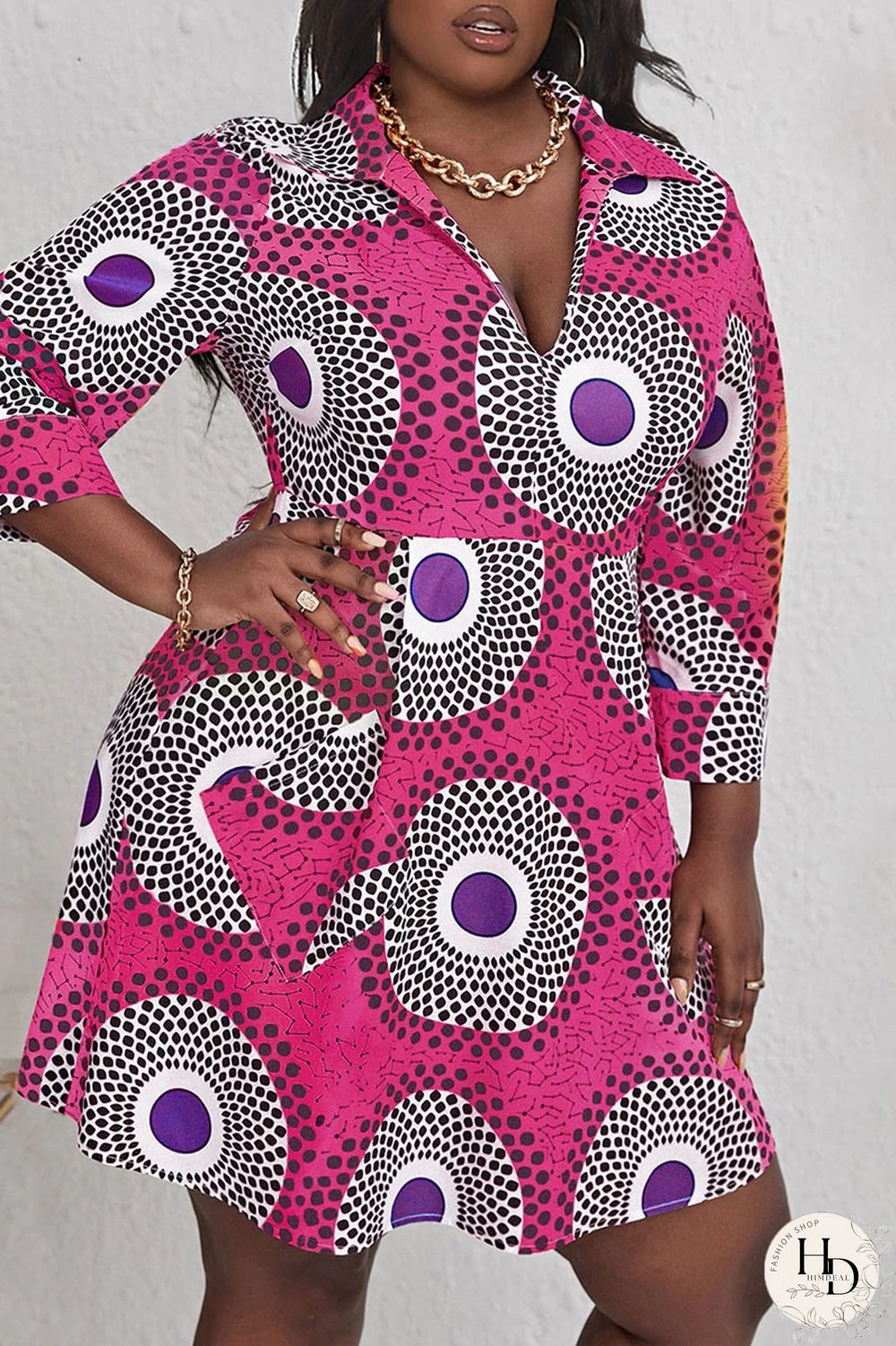 Rose Red Casual Print Split Joint V Neck A Line Plus Size Dresses