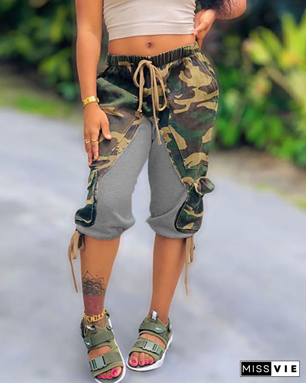 Camouflage Print High Waist Drawstring