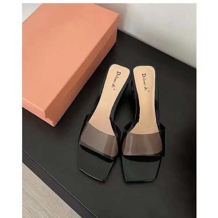Breakj Breakj Crystal Slippers Women Wear 2025 Summer New Rough High Heels Side Cool Slippers Women Summer Wearing Summer