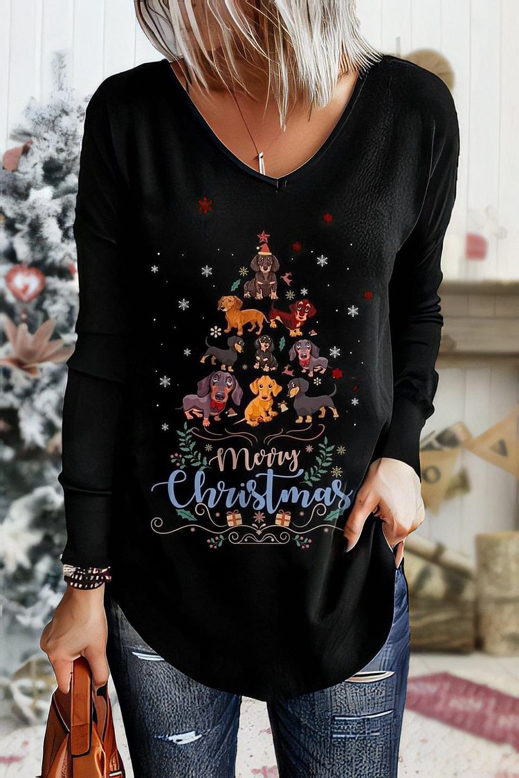 Merry Christmas Dog Printed V-Neck Long Sleeve T-shirts