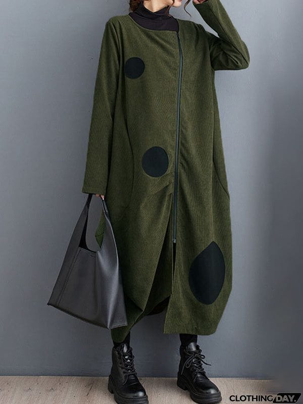 Long Sleeves Loose Asymmetric Pleated Polka-Dot Split-Joint Zipper High-neck Midi Dresses Outerwear