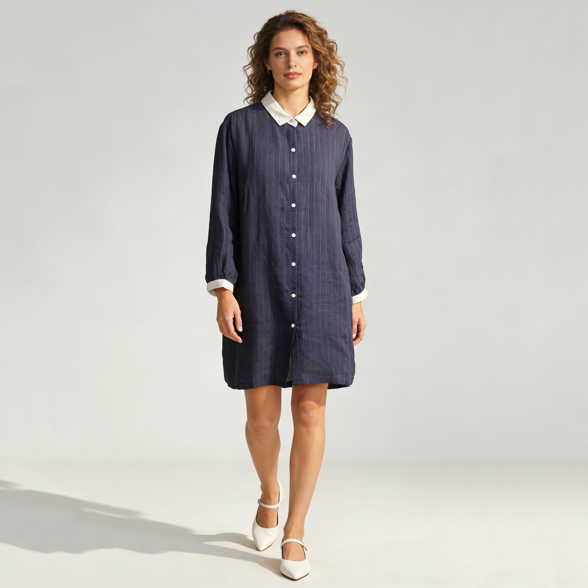 Linen Shirt Dress Women 100% Linen Contrast Collar Long Sleeve Mini Dress REAL SILK LIFE