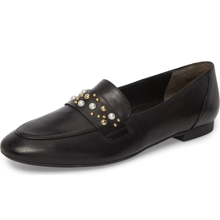 Black Loafers for Women Round Toe Flats with Studs and Studs |FSJ Shoes