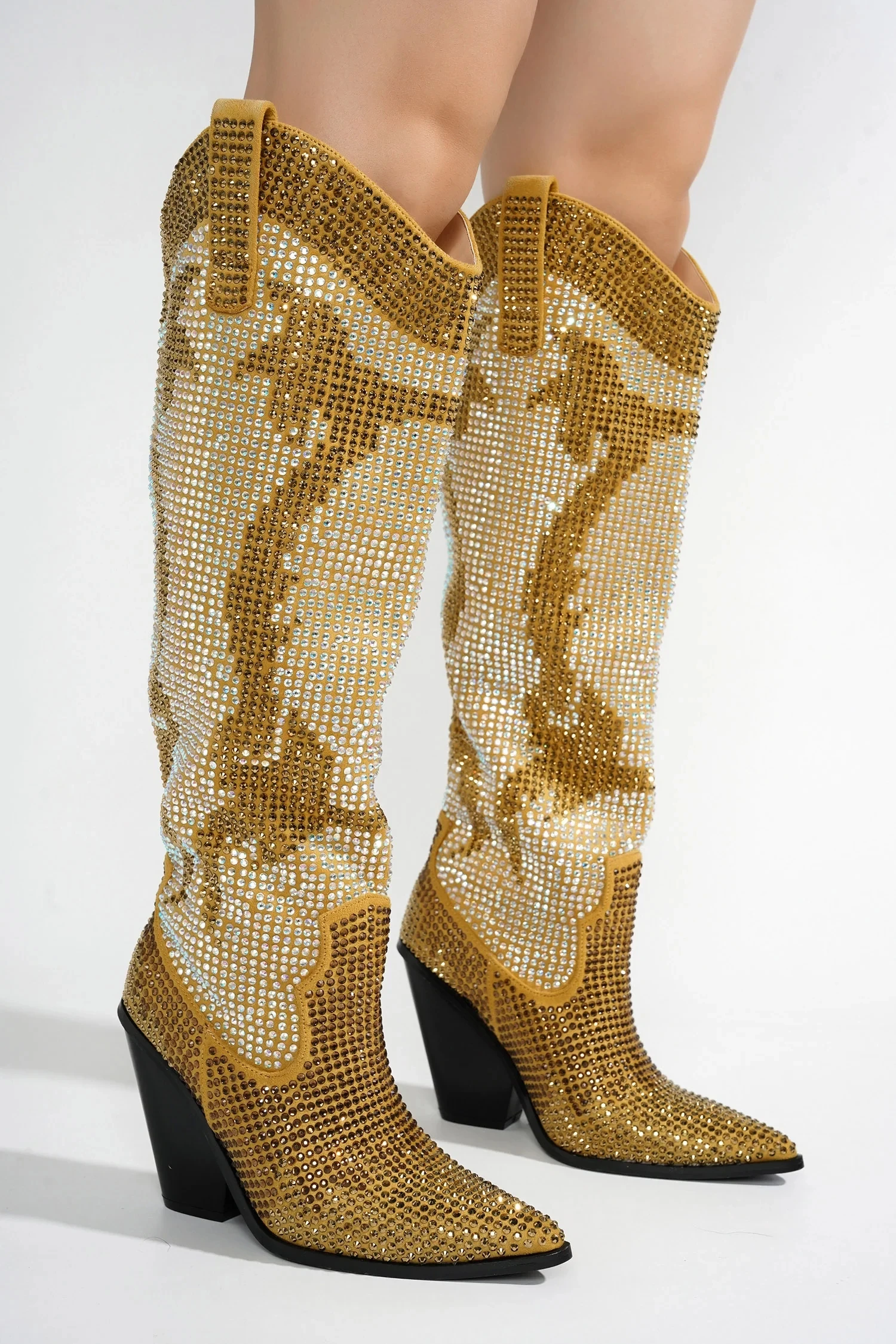 Womens Stacked Cowboy Boots Rhinestone Glitter Shoes Bling Silver Crystal Knee High Chunky Boots