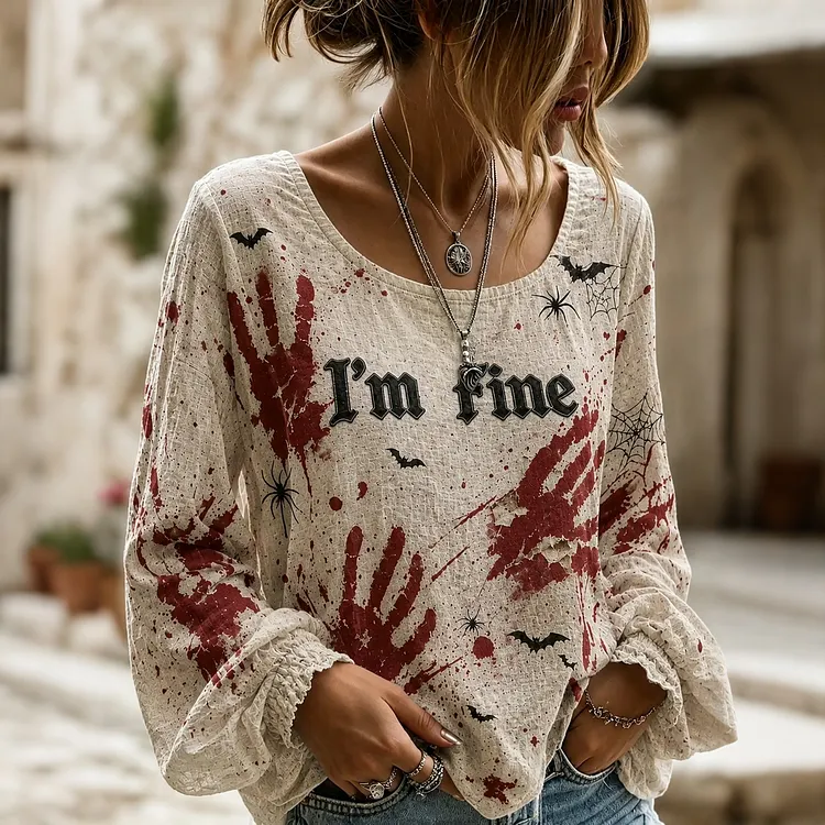 Women's Halloween Bloody I'm Fine Gothic Style Casual Cotton-linen Shirt