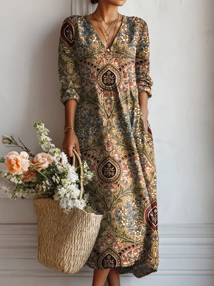 Women's Vintage Flower Art Print Linen Pocket Dress