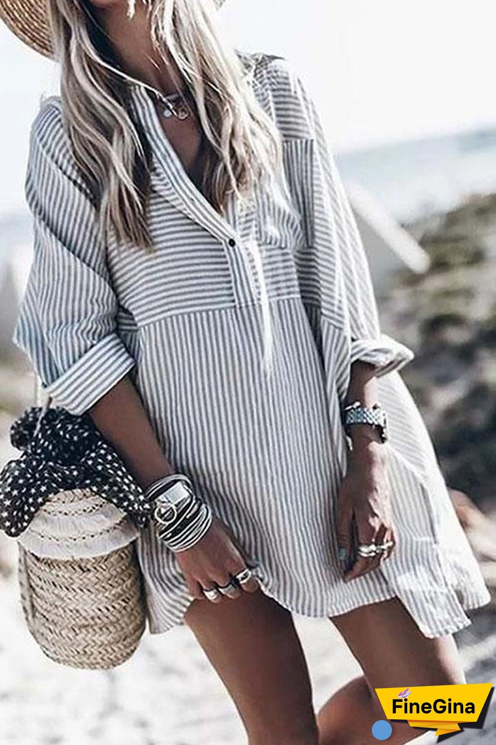Street Fashion Striped Shirt Dress