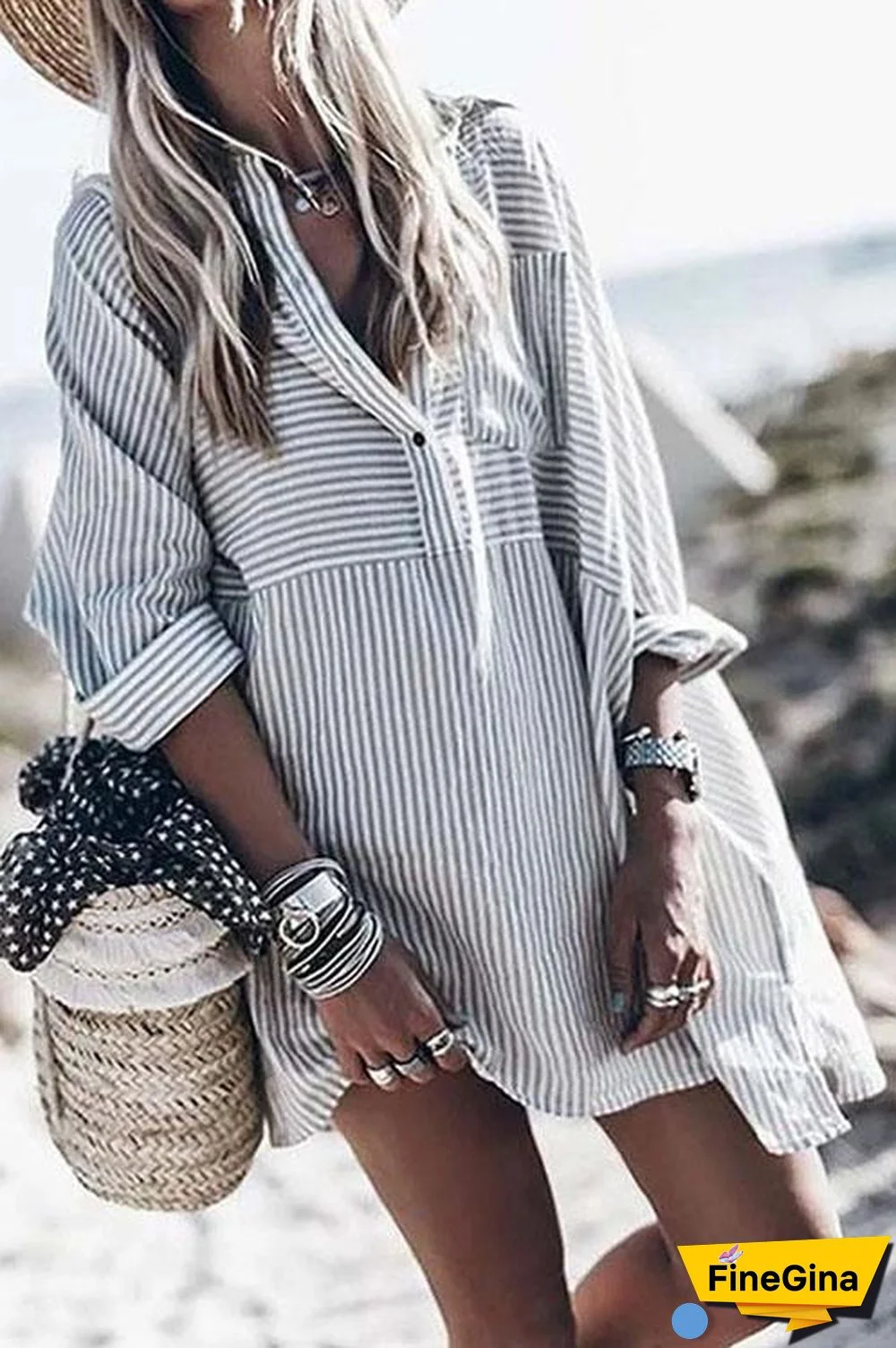 Street Fashion Striped Shirt Dress