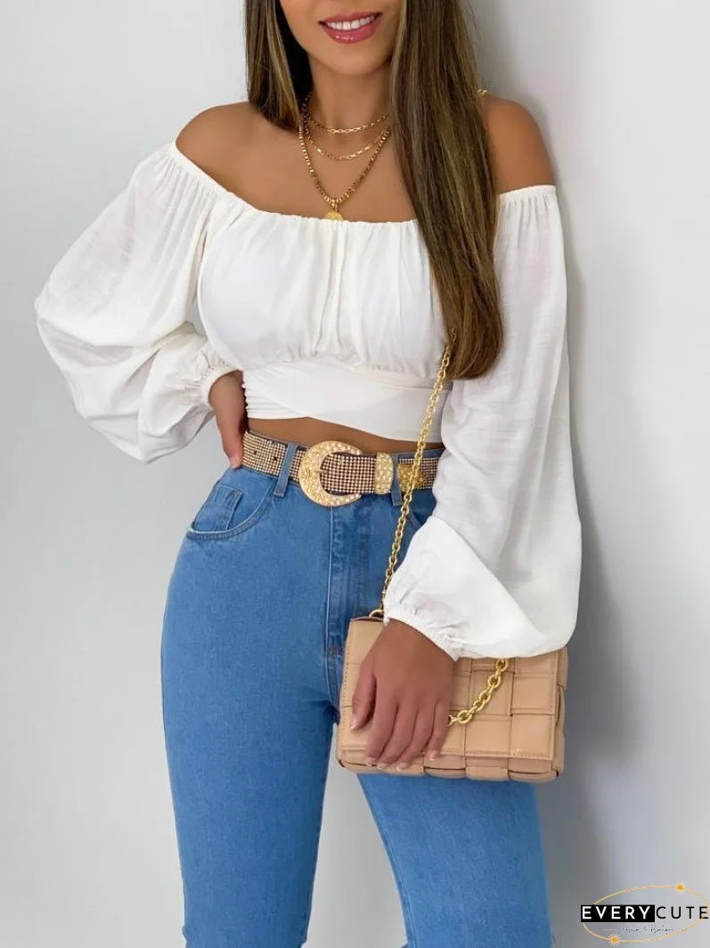 Blouses One Word Collar Long Sleeve Crop Blouse for Women