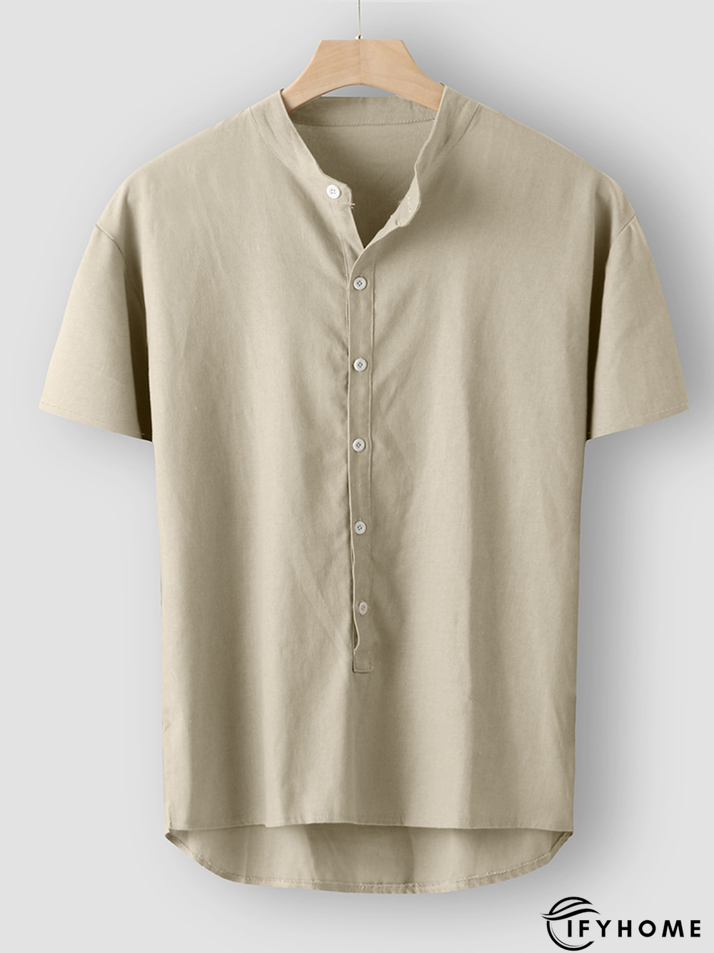 Men's Cotton Linen Style Half Placket Stand Collar Short Sleeve Shirt | IFYHOME