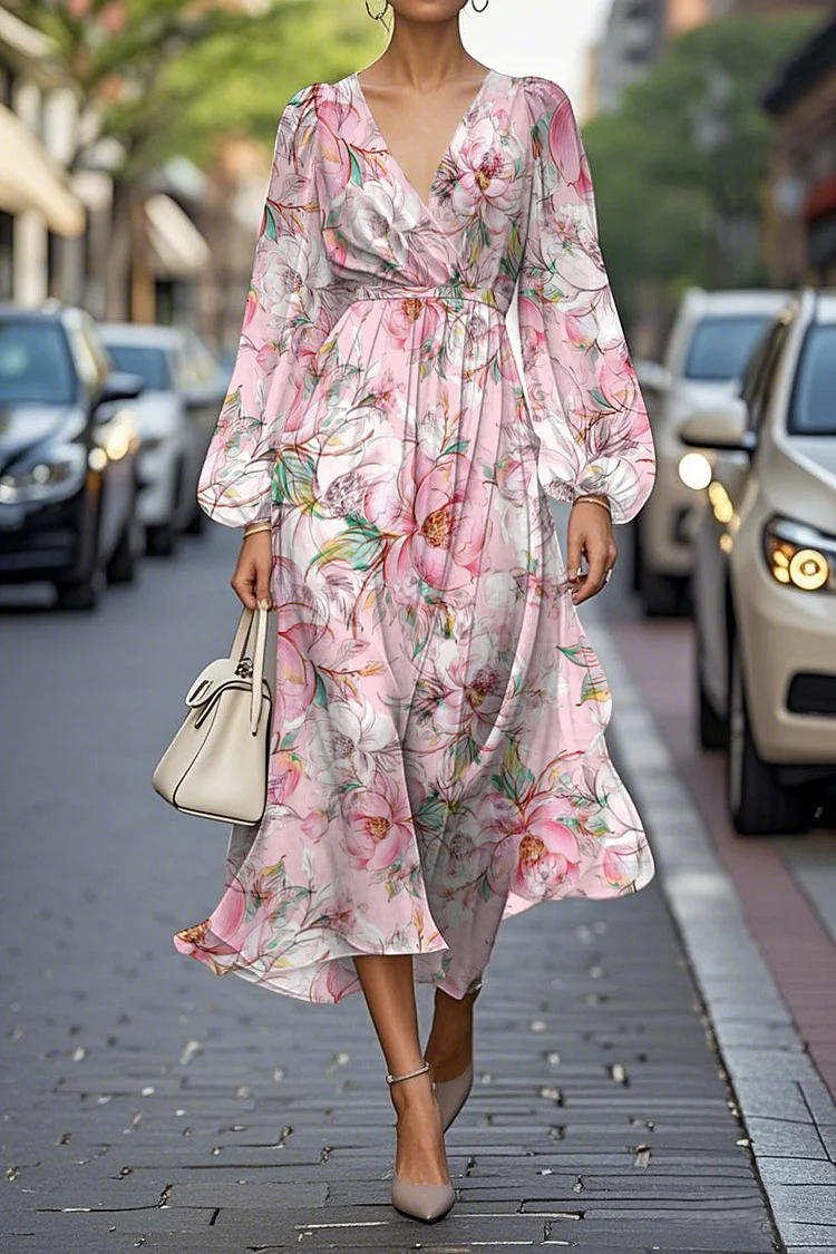 Elegant Floral Print Lantern Sleeve V-Neck A-Line Midi Chiffon Dress
