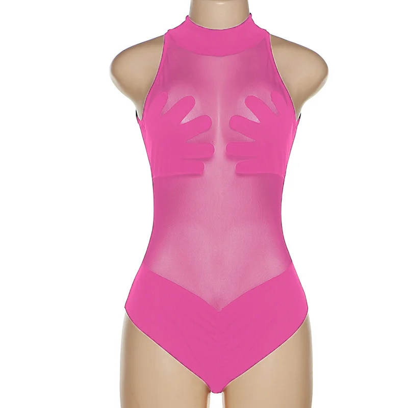 Uveng 2024 Summer New Women's Sexy Perspective Mesh T-Shirt Bump Color Splicing Repair Body-Joint Clothing Woman