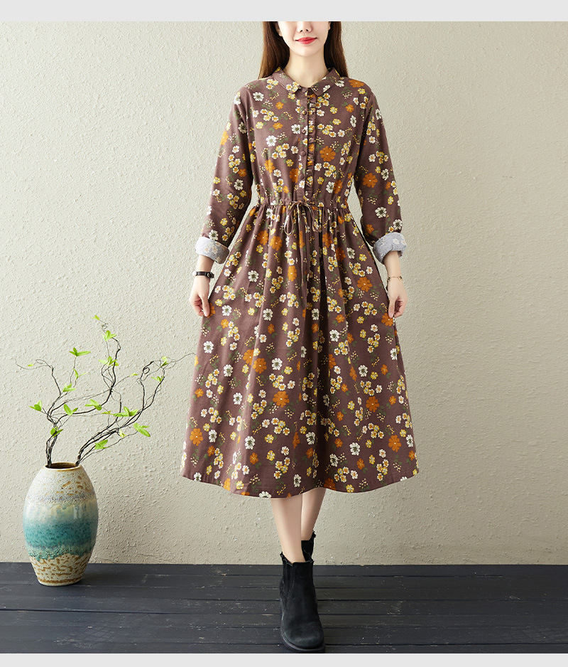 2022 New Spring  Autumn Woman Dress Loose Vintage Waist tie Dresses vestido de mulher Robe Small floral Long Dress