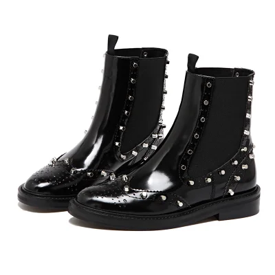 Black Wingtip Boots Patent Leather Round Toe Studs Chelsea Boots |FSJ Shoes