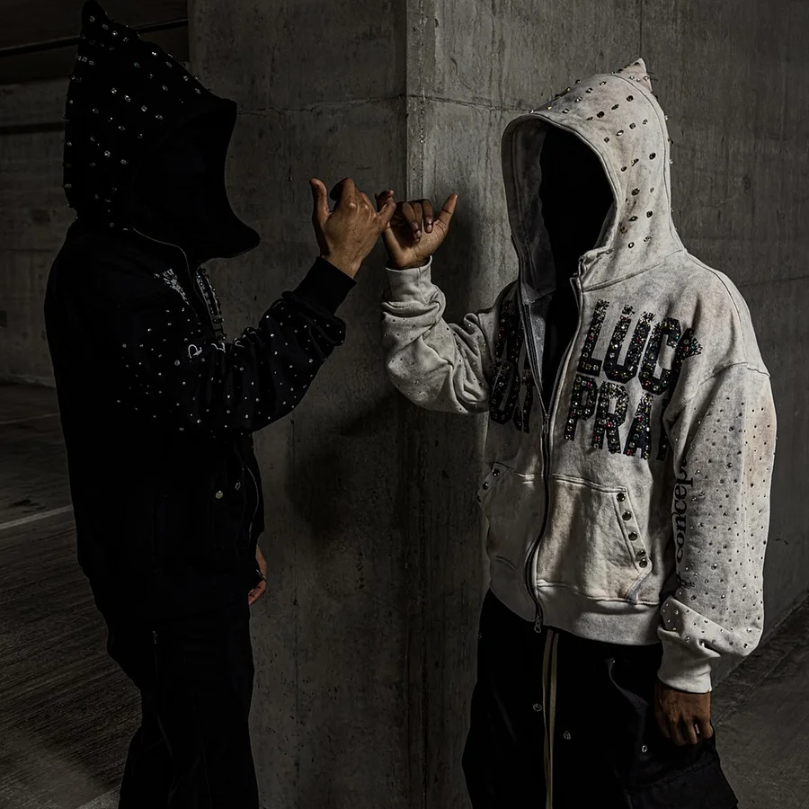 Street Rhinestone Lettering Warm Zip-up Hoodie