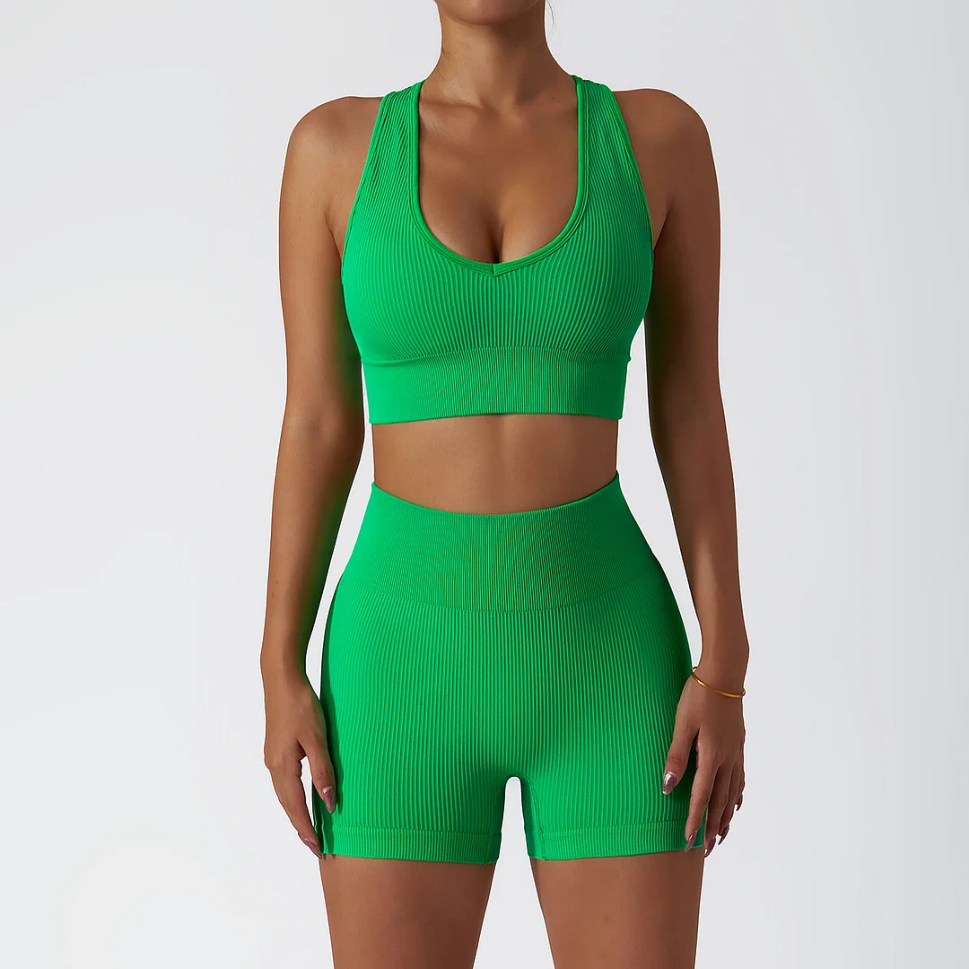 Hergymclothing  women's ribbed Nutmeg Green seamless gym set - racer back sports bra + high waist workout shorts for sale