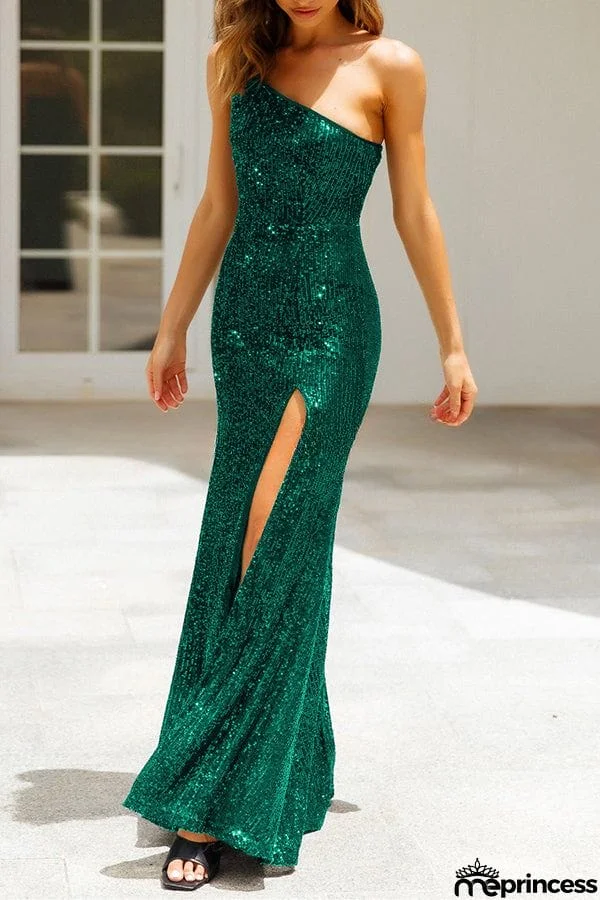 Stunning Views Sequined One Shoulder Slit Maxi Dress