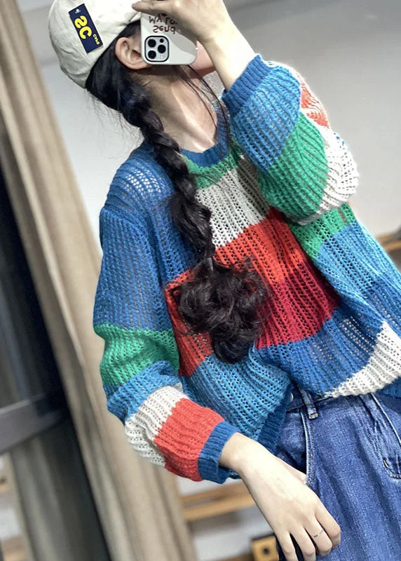 Organic Rainbow Patchwork Loose Casual Fall Knit sweaters