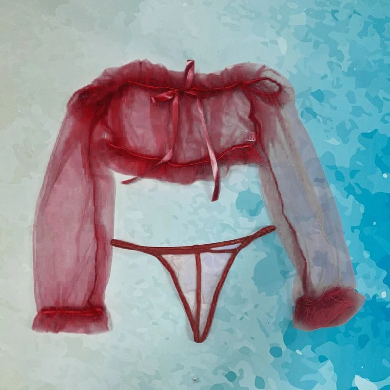 Ellolace Off Shoulder Sensual Lingerie Ruffled Transparent Exotic Costumes Long Sleeve Lace Hot Sexy Sissy Top Thong Breves Sets