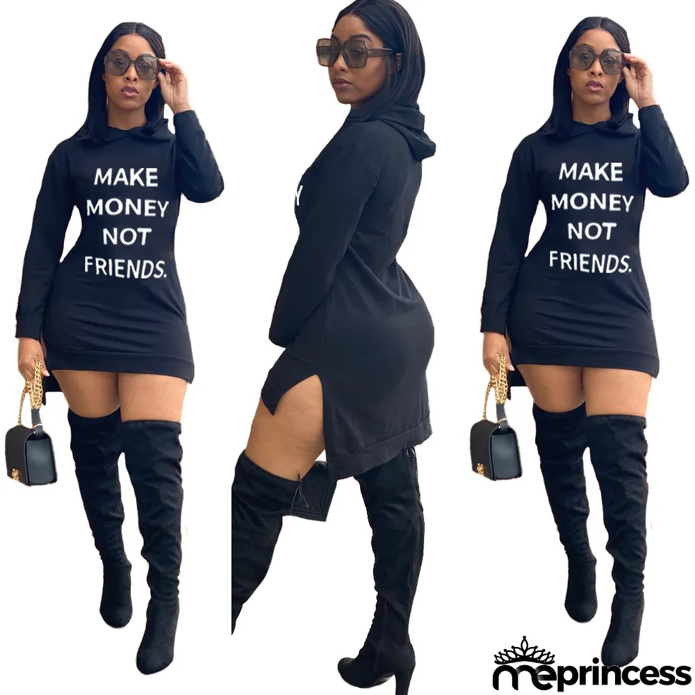 Women Fashion Sexy Print Letter Casual Solid Color Hooded Dress