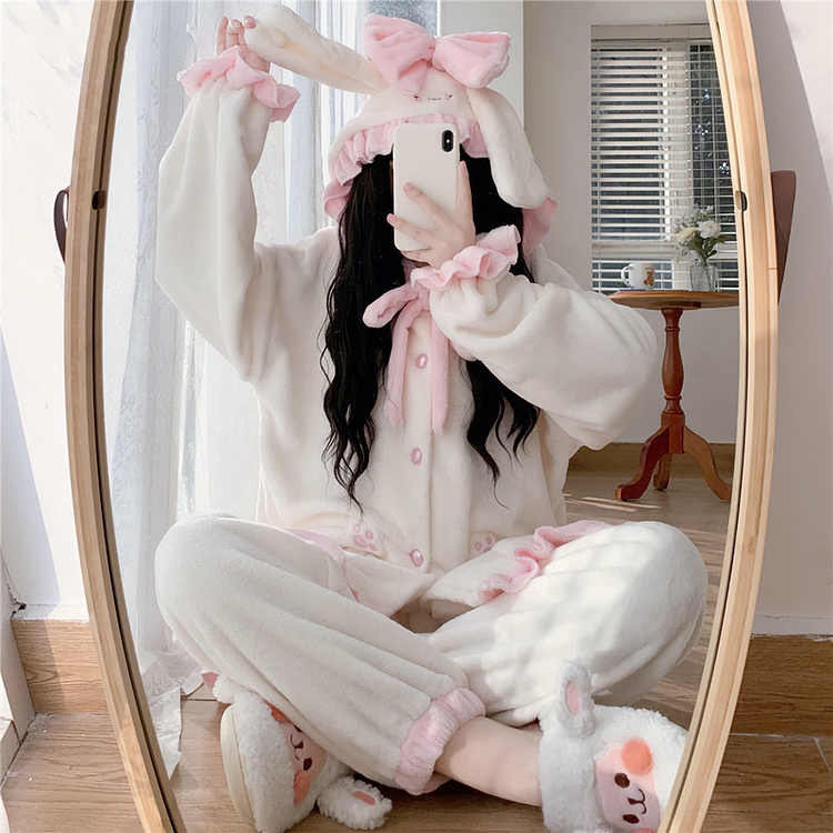 Lovely Bunny Ribbon Hooded Fuzzy Lounge PJ Sets - Gotamochi Kawaii Shop, Kawaii Clothes