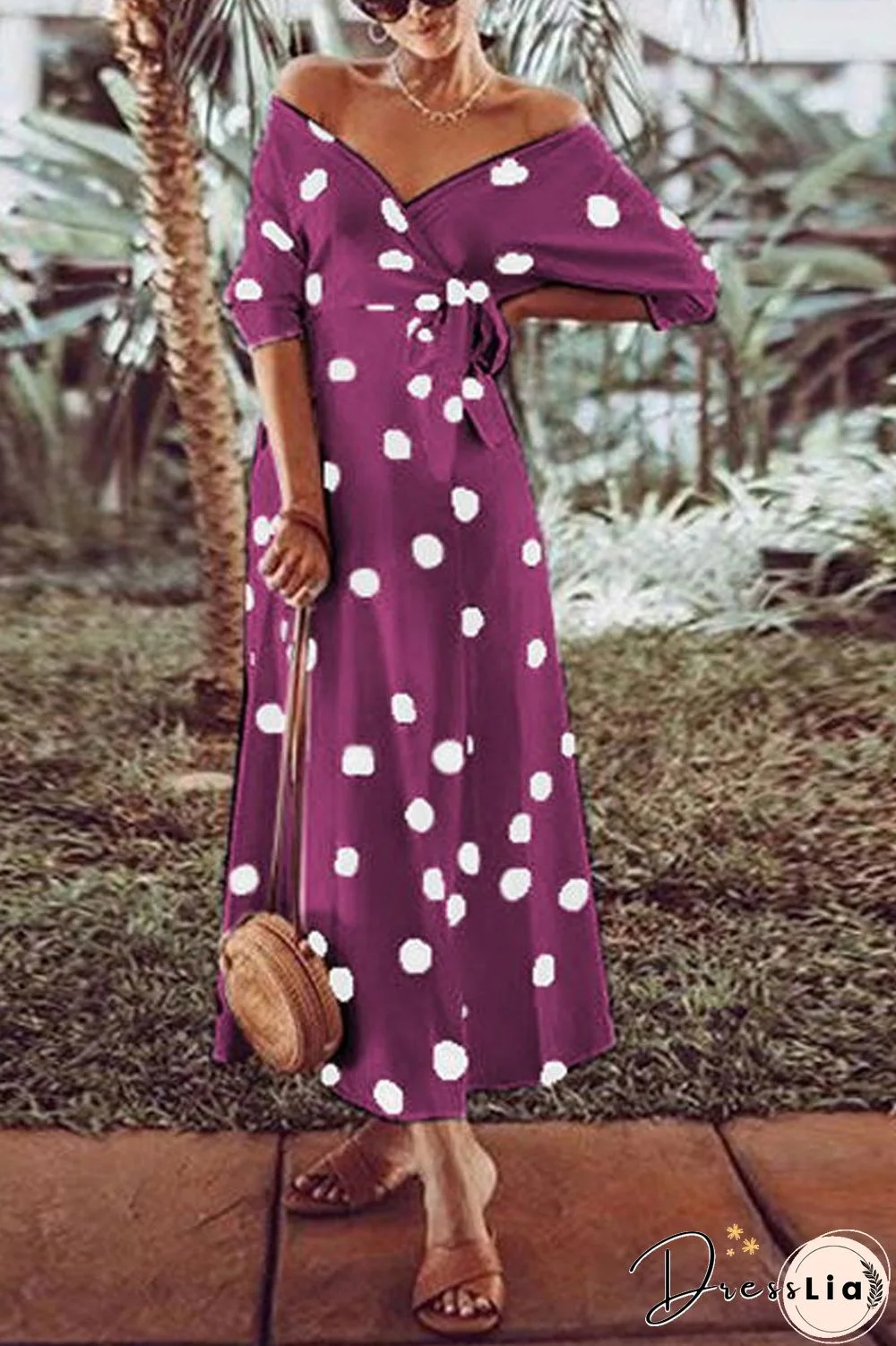 Polka Dot V-Neck Dress(With Belt)