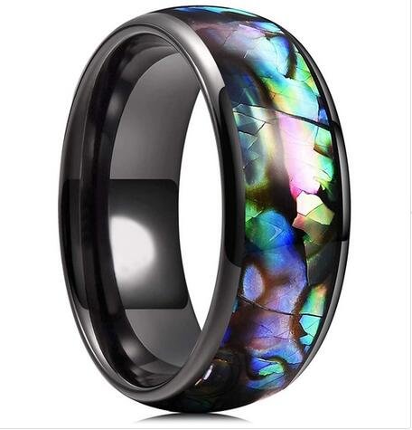 Tungsten Domed Black Rings Multi Color Rainbow Abalone Shell Inlay Tungsten Carbide Wedding Bands Rings Women Mens