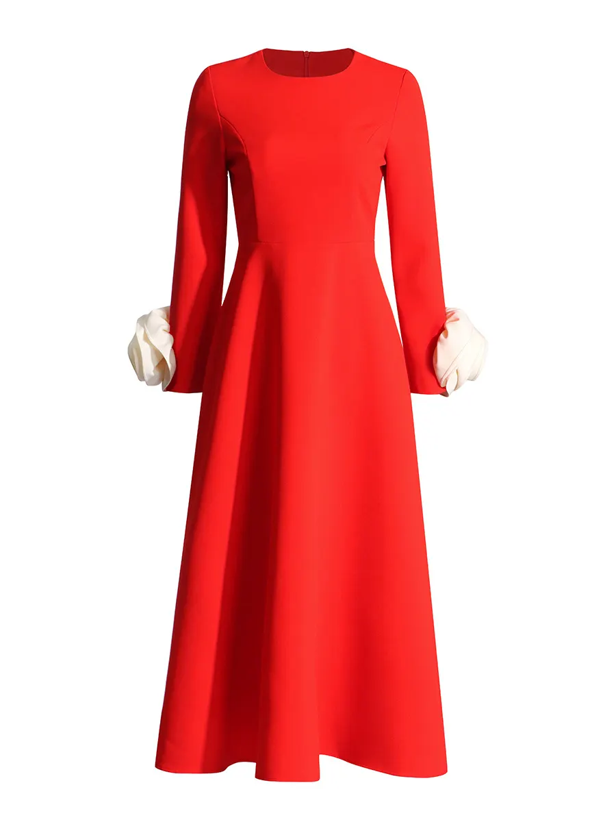 Brownm Spring 2025 New Fashion Temperament Round Collar Three-Dimensional Rose Splicing Design Long Sleeve Slim Slimming Dress