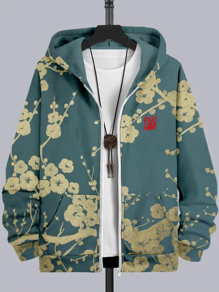 Men's Japanese Plum Blossom Art Comfy Full Zip Hoodie