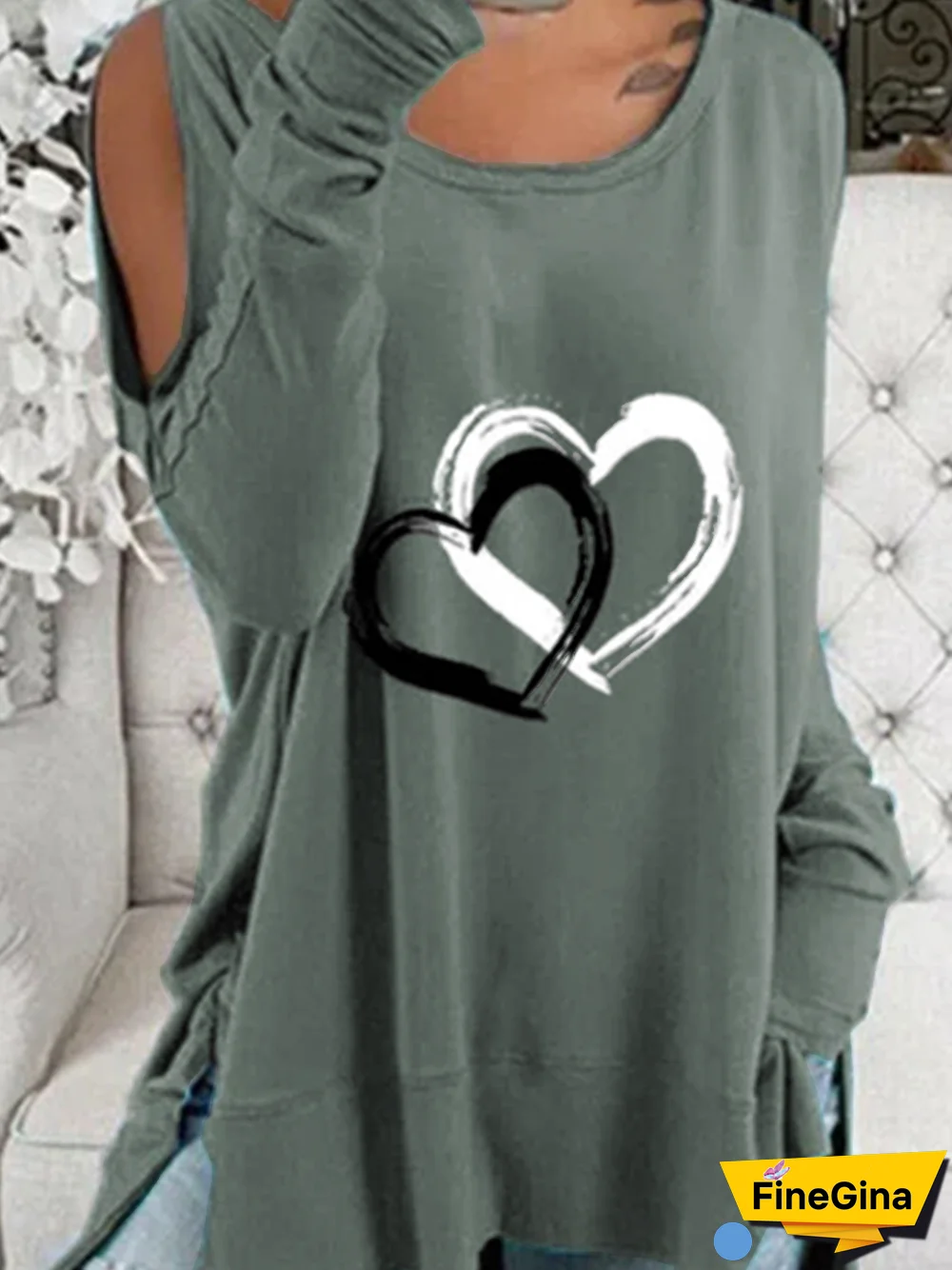 Casual Heart Cotton Blends Long sleeve tops