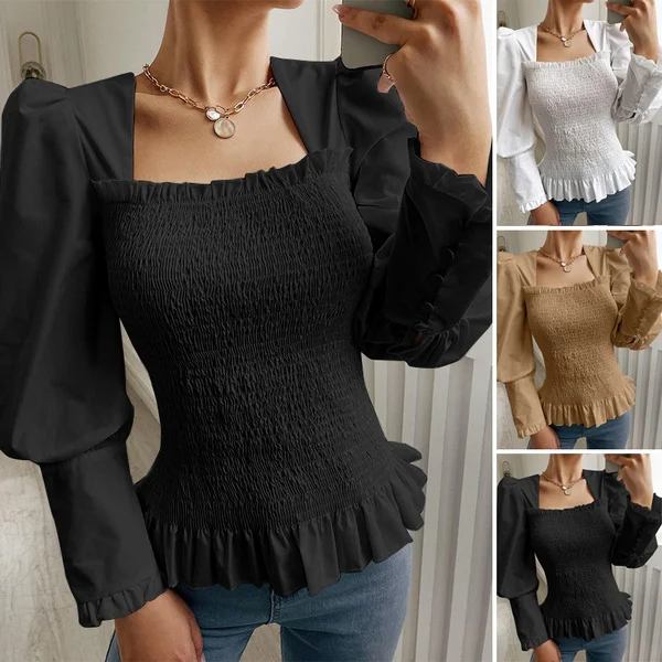Spring Autumn Women Elegant Blouse Puff Long Sleeve Square Collar Casual Pleated Shirt Ladies Tops S-5XL