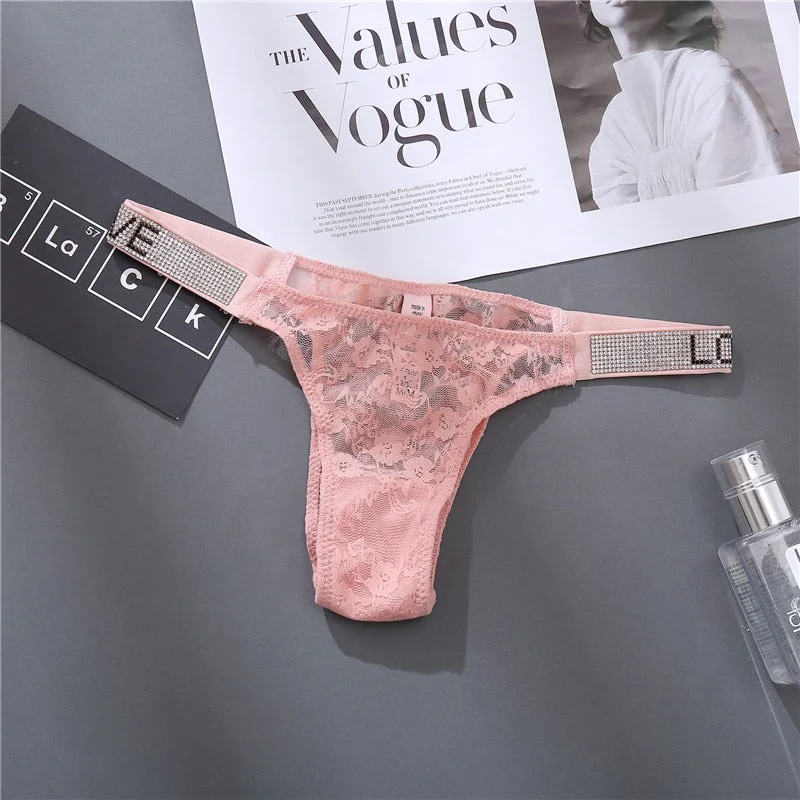 FINETOO Sexy Women Rhinestone Panties G-string Crystal Underwear Lace Pantys Femme Perspective Thong Letter Tanga Girl Lingerie