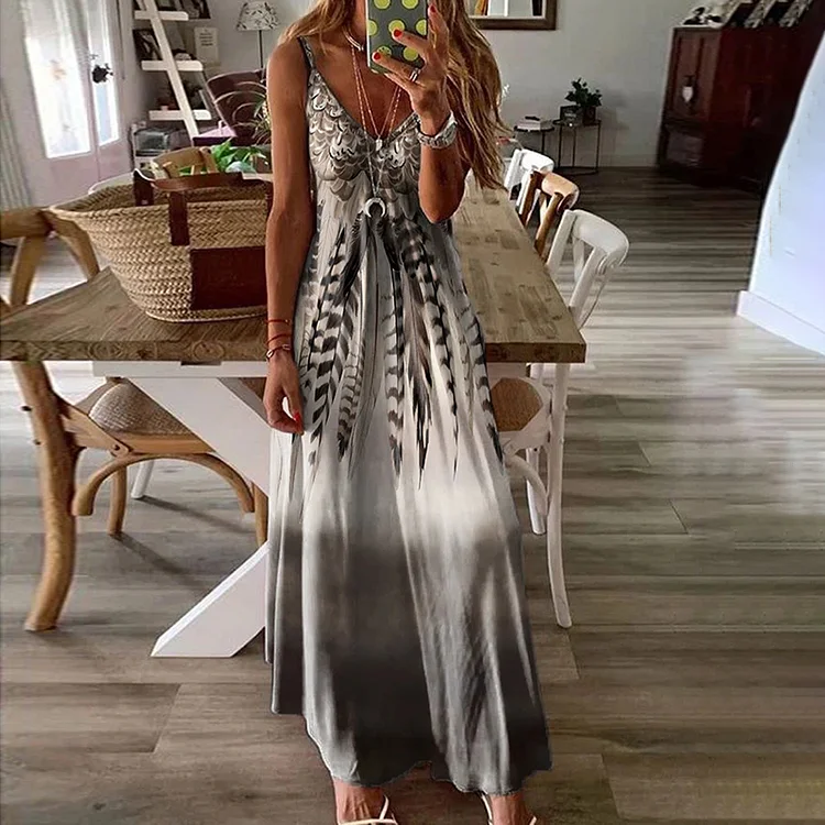 Retro Feather Casual Print Maxi Dress