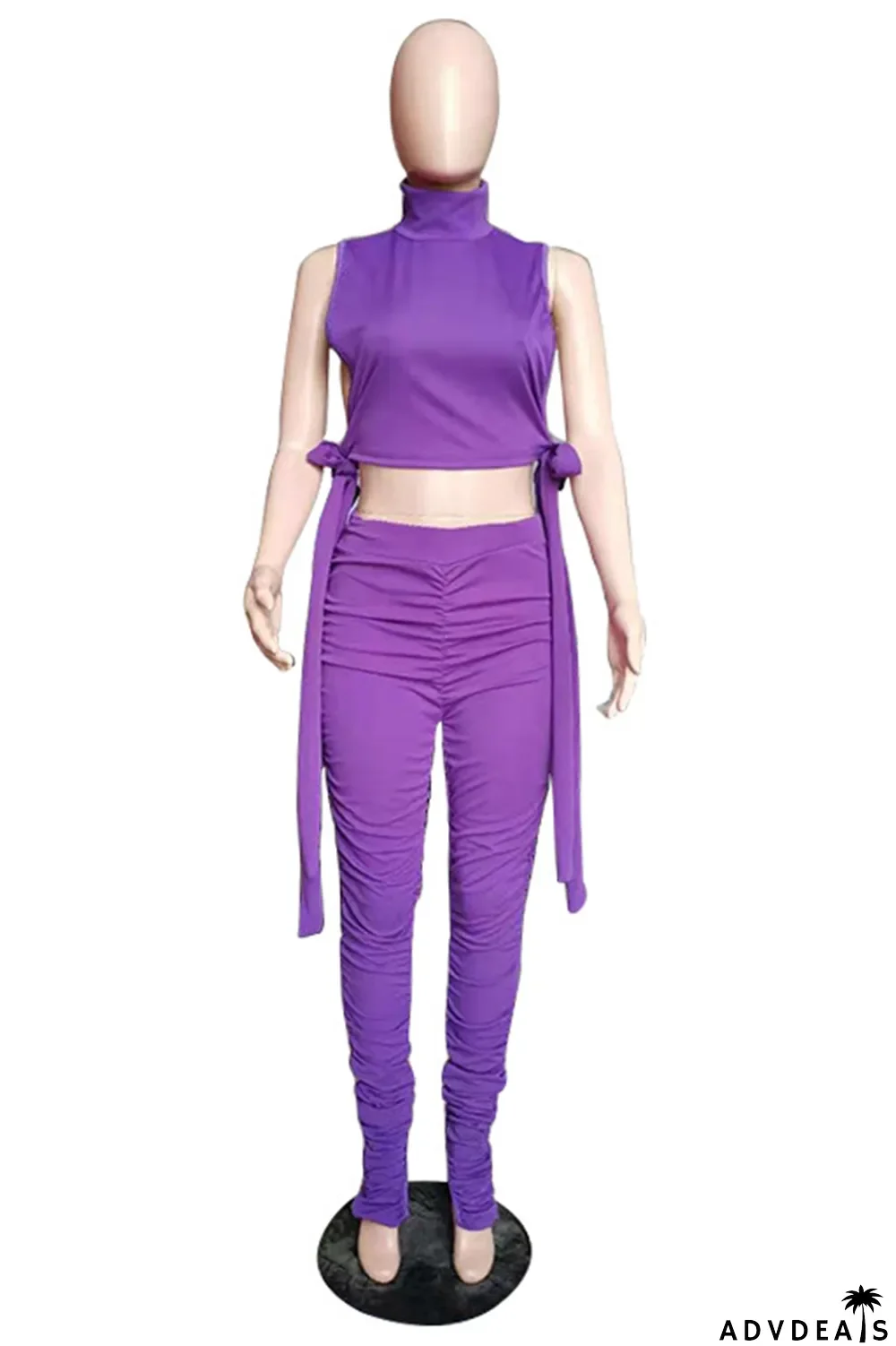 Purple Sexy Solid Split Joint Turtleneck Sleeveless Two Pieces